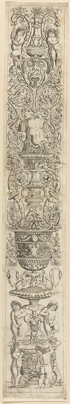Vier kinderen met een kat en een hond, plaat negen van Twelve Ornament Panels door Giovan Pietro Birago