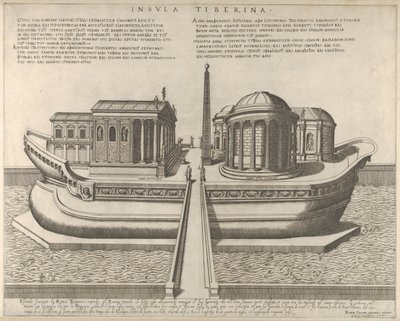 Uitzicht op het Tiber-eiland voorgesteld als een schip, de Tempel van Aesculapius links door Giovanni Ambrogio Brambilla