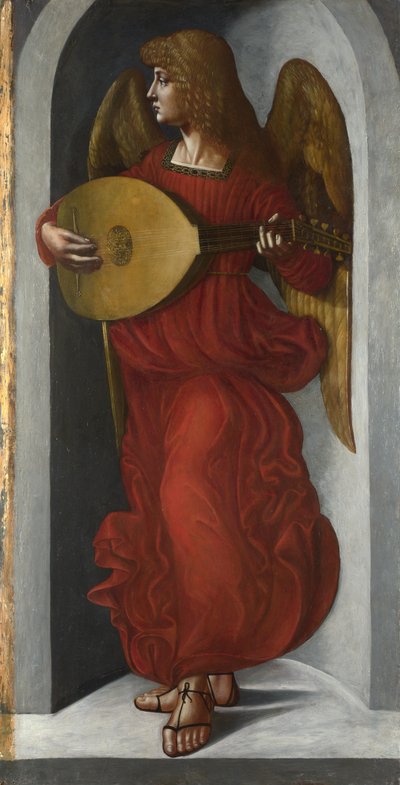 Een engel in rood met een luit, ca. 1490-1499 door Giovanni Ambrogio de Predis