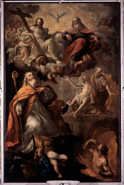 Voorstelling van Sint Nicolaas van Bari en de heilige drie-eenheid God, Jezus Christus en de duif van de Heilige Geest. Schilderij door Andrea Carlone (1639-1697) door Giovanni Andrea Carlone