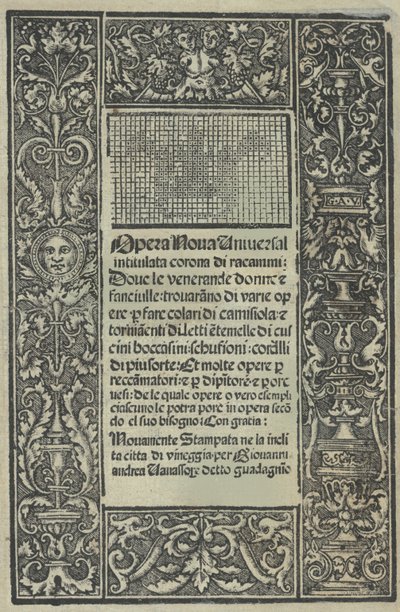 Opera Nova Universali intitulata Corona di racammi, titelpagina recto, [1530] door Giovanni Andrea Vavassore