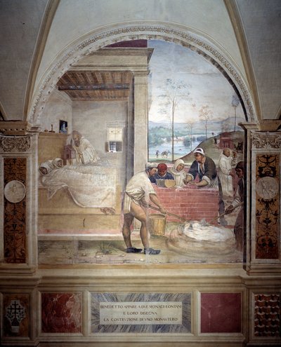 Benedictus verschijnt aan twee monniken en presenteert hen het project van een klooster (fresco) door Giovanni Antonio Bazzi Sodoma