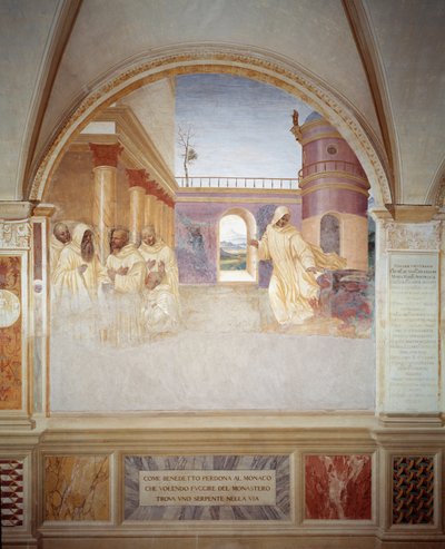 Benedictus vergeeft de monnik die probeerde te ontsnappen en een slang tegenkwam door Giovanni Antonio Bazzi Sodoma