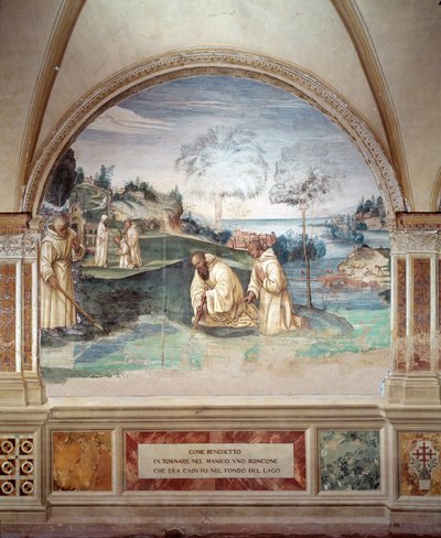 Benedictus laat een sikkel in het meer vallen (fresco) door Giovanni Antonio Bazzi Sodoma