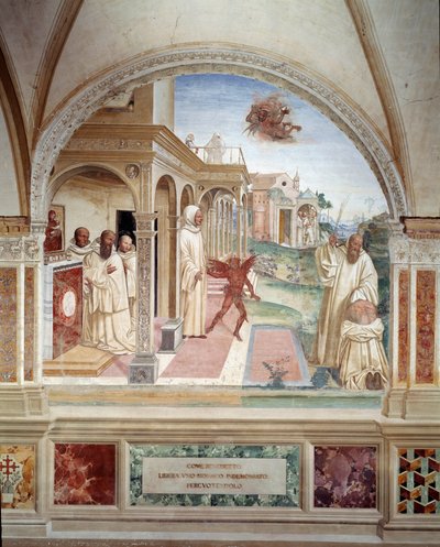 Benedictus bevrijdt een monnik bezeten door een demon (fresco) door Giovanni Antonio Bazzi Sodoma