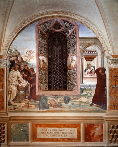 Hoe een priester voedsel bracht naar Benedictus met Pasen (fresco) door Giovanni Antonio Bazzi Sodoma
