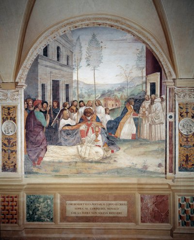 St. Benedictus draagt het lichaam van Christus op het lichaam van de monnik die de aarde weigert te begraven (fresco) door Giovanni Antonio Bazzi Sodoma