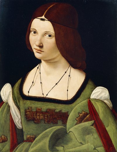 Portret van een dame, vermoedelijk Clarice Pusterla, halflang, in een groene jurk door Giovanni Antonio Boltraffio