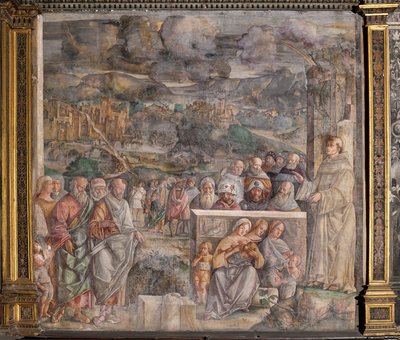 Sint Antonius arriveert in Padua, waar hij vrede herstelt tussen de burgers met de kracht en zoetheid van zijn prediking, School van de Heilige door Giovanni Antonio Corona