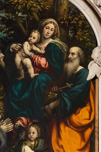 Altaar van Sint-Catharina, Madonna en Kind tussen Heiligen Philip en Jacobus en de schenker Giacomo Schizzi, Il Pordenone 1522, Detail door Giovanni Antonio Pordenone