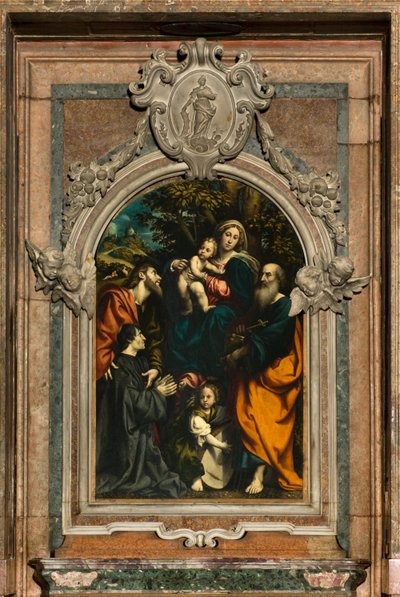 Altaar van Sint-Catharina, Madonna en Kind tussen Heiligen Philip en James en de schenker Giacomo Schizzi, Il Pordenone 1522 door Giovanni Antonio Pordenone