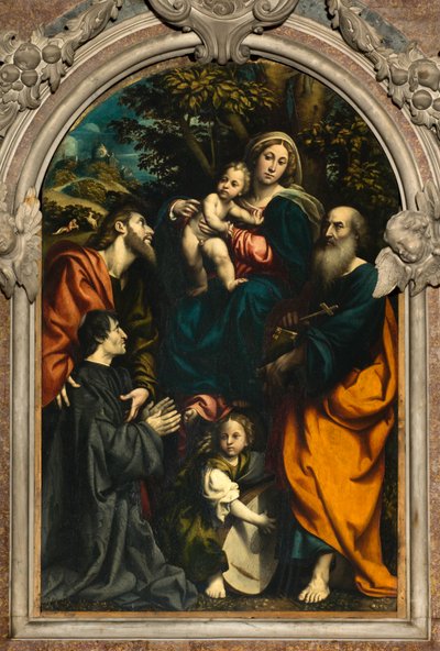 Altaar van Sint-Catharina, Madonna en Kind tussen de heiligen Filippus en Jacobus en de schenker Giacomo Schizzi door Giovanni Antonio Pordenone