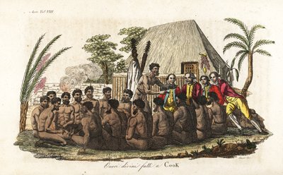 Hawaïaanse inboorlingen bieden een offerzwijn aan Kapitein James Cook voor 12 priesters en een houten afgodsbeeld in het heilige Orono-huis door Giovanni Antonio Sasso
