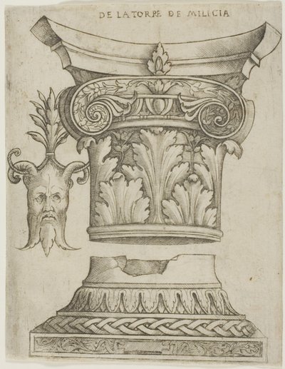 Architectonische Details: Basis, Kapiteel en Masker door Giovanni Antonio da Brescia