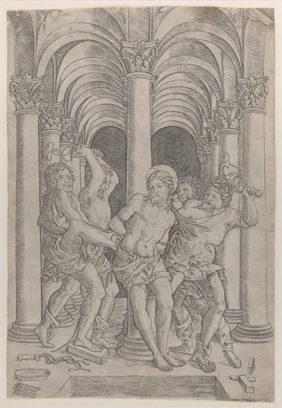 De Geseling van Christus die aan een zuil is vastgebonden in het midden binnen een arcade, 1509 door Giovanni Antonio da Brescia