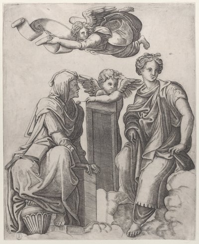 Twee vrouwelijke figuren zittend in de wolken naast een engel en een andere vliegend boven door Giovanni Antonio da Brescia
