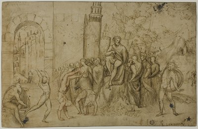 Acrobaten voor een liniaal (recto); Buitenopname met groep figuren (verso) door Giovanni Antonio da Pordenone