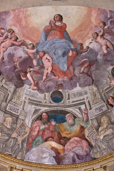 Genua, Duomo (Sint-Laurenskathedraal), binnen, De Lercari-kapel of De Kapel van het Heilig Sacrament (Noordelijke apsis), apsis: "Hemelvaart van de Maagd", fresco door Giovanni Battista Castello bekend als Bergamasco door Giovanni Battista Castello