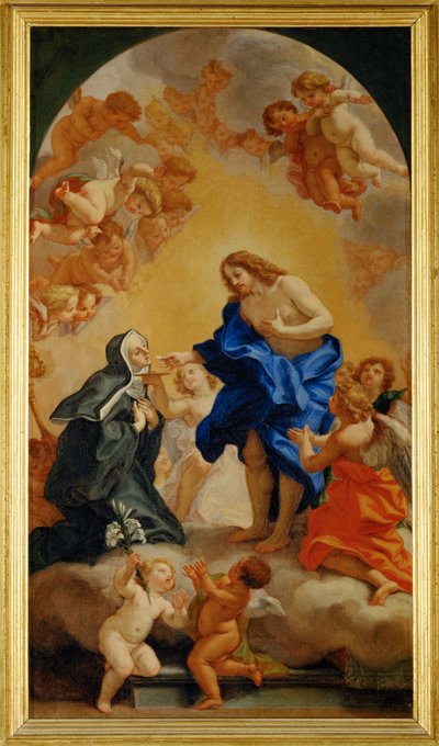 Une bienheureuse abesse recevant la communion des mains du Christ - Een non ontvangt de communie uit de handen van Christus ... door Giovanni Battista (1639-1709) Gaulli