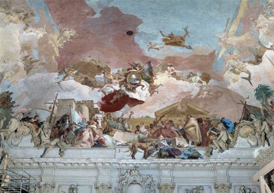 Apotheose van bisschop Carl Philipp von Greiffenklau en de doorsnede Europa van de plafondfresco ... (fresco) door Giovanni Battista (1696-1770) Tiepolo