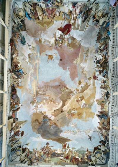 Plafondfresco in het trappenhuis van de bisschoppelijke residentie Wuerzburg ... (fresco) door Giovanni Battista (1696-1770) Tiepolo