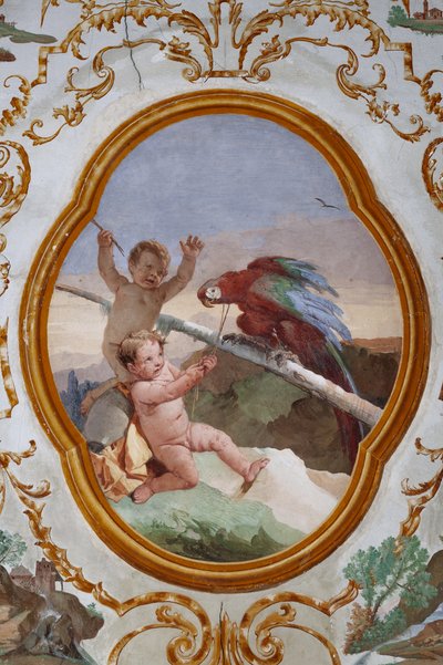 Gastverblijven, de Kamer van de Putti, medaillon met putti: "Twee putti en een papegaai" door Giovanni Battista Tiepolo