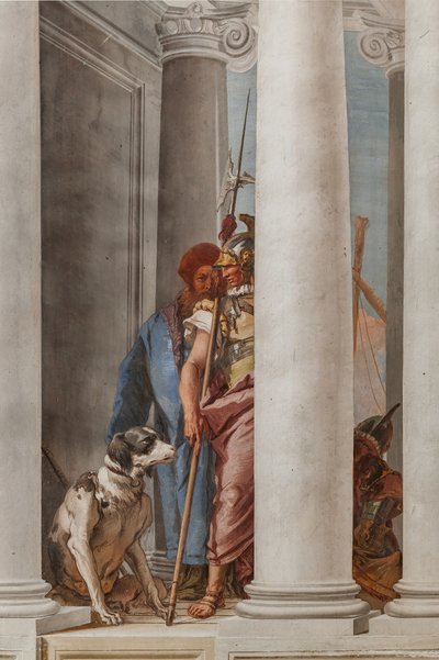 Palazzina, de ingangshal: "De Griekse vloot in Aulis", detail van een hond en een soldaat door Giovanni Battista Tiepolo