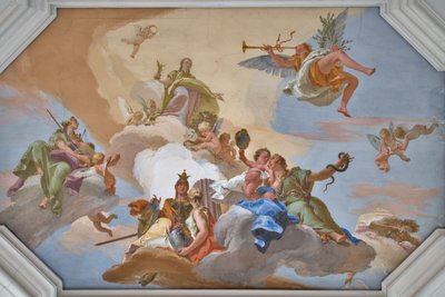 Triomf van Glorie aangekondigd door Faam staande tussen de Kardinale Deugden door Giovanni Battista Tiepolo