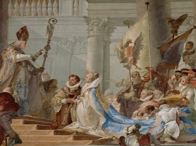 Huwelijksvoltrekking van keizer Friedrich Barbarossa en Beatrix van Bourgondië in 1156 ... (fresco) door Giovanni Battista (1696-1770) Tiepolo