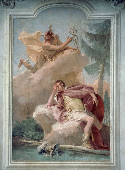 Mercurius verschijnt aan Aeneas in een droom om hem te bevelen naar Carthago te gaan, door Giambattista Tiepolo, Kamer van de Aeneis, Villa Valmarana 
