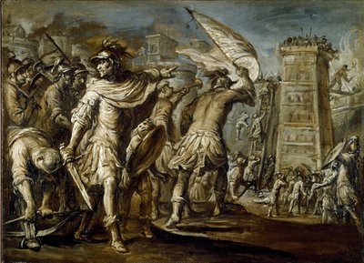 Eerste kruistocht: "De Genuese condottiero Guglielmo Embriaco tijdens de inname van Jeruzalem" Het is de oorsprong van een aanvalstoren gemaakt van het hout van Genuese schepen. Monochroom schilderij door Giovanni Battista Carlone door Giovanni Battista Carlone
