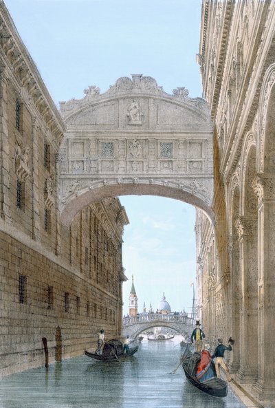 Gondels die onder de Brug der Zuchten doorvaren, ca. 1850 door Giovanni Battista Cecchini