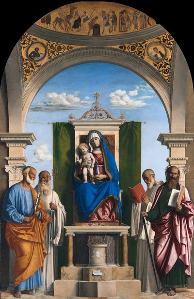 Madonna met Kind en Heiligen Petrus, Romuald, Benedictus en Paulus op de troon, ca. 1595 door Giovanni Battista Cima da Conegliano