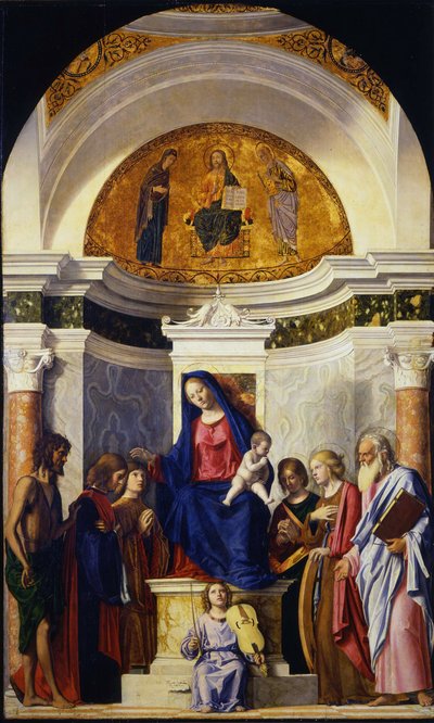 Maagd en Kind met heiligen Johannes de Doper, Cosmas en Damianus, Catharina en Paulus, ca. 1506-1507 door Giovanni Battista Cima da Conegliano