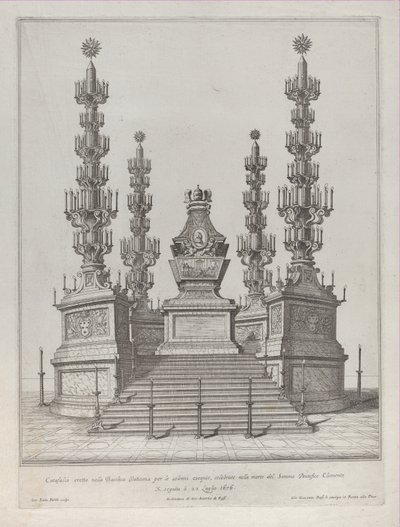 Catafalque voor paus Clemens X: een centrale structuur op een platform met 15 treden, 1676 door Giovanni Battista Falda