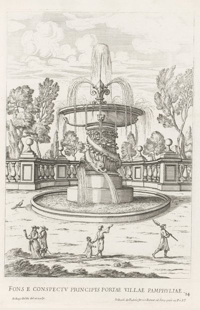 Fontein met dolfijnen in de tuinen van Villa Doria Pamphilj te Rome door Giovanni Battista Falda