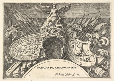 Trofeeën van Romeinse wapens van decoraties boven de ramen op de tweede verdieping door Giovanni Battista Galestruzzi