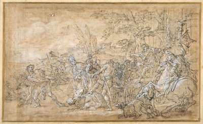 Gevangenen, waaronder een bisschop, gesleept en gebonden voor de triomfwagen van een Romeinse generaal door Giovanni Battista Lenardi