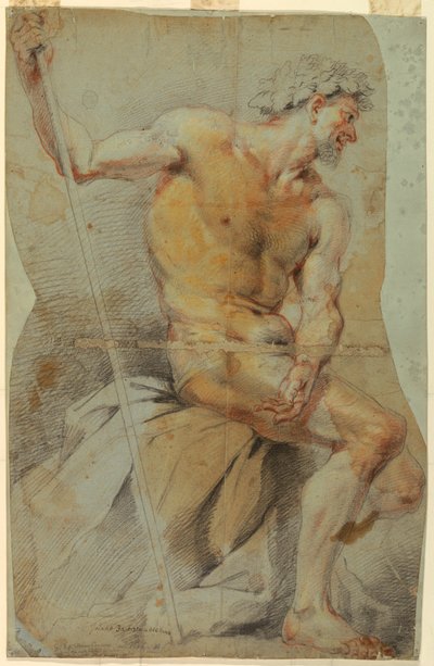 Tekening, Studie van een naakte oudere man, Bacchus of een van zijn metgezellen, 1660-70 door Giovanni Battista Merano
