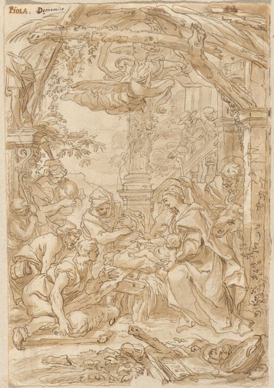 De aanbidding van de herders, ca. 1680-1690 (pentekening) door Giovanni Battista Merano