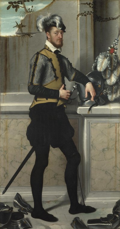 Een Ridder met zijn Steekhelm Il Cavaliere dal Piede Ferito, Graaf Faustino Avogadro, ca 1554 door Giovanni Battista Moroni