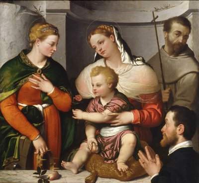 Madonna en Kind met St. Catharina, St. Franciscus en de schenker, ca. 1550 door Giovanni Battista Moroni