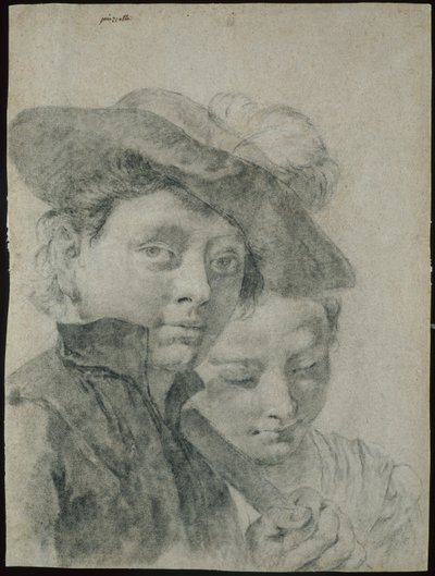 Een jonge jongen met een gevederde hoed en een jong meisje door Giovanni Battista Piazzetta