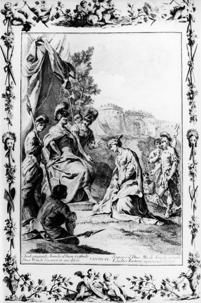 Eustathius pleit voor Armida bij Godfried van Bouillon, canto IV, Jeruzalem bevrijd door Giovanni Battista Piazzetta