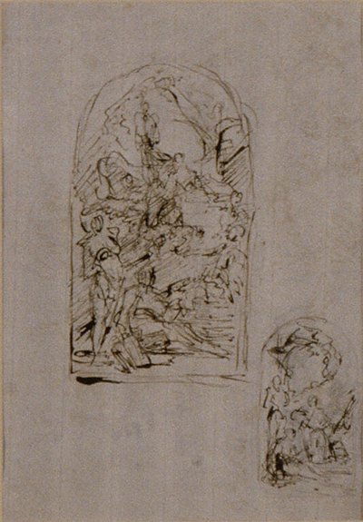 Schetsen voor een altaar met de heilige Margaretha van Cortona, de heilige Sebastiaan en de heilige Roch (recto); Twee schetsen voor een altaar (verso) door Giovanni Battista Piazzetta