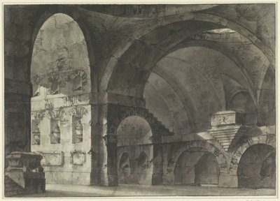 Interieur van een groot antiek gebouw met tongewelven en een koepelsubstructie door Giovanni Battista Piranesi (attributed to)