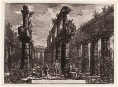 A., B. Uitzicht op de overblijfselen van de twee rijen kolommen in de Tempel van Neptunus die oorspronkelijk de colonnades langs de zijkanten van de cella vormden en het bovenste deel van het dak ondersteunden, uit Verschillende uitzichten van Paestum door Giovanni Battista Piranesi