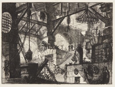 Een gegrild en gerusticeerd raam is geplaatst in het midden van een trap met groepen zware kettingen aan de rechterkant door Giovanni Battista Piranesi