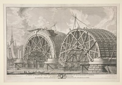 Een uitzicht op een deel van de beoogde brug bij Blackfriars, Londen, in augustus MDCCLXIIII door Robert Mylne, Architect, gegraveerd door Piranesi in Rome door Giovanni Battista Piranesi