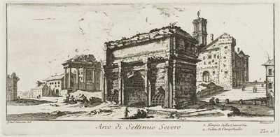 Boog van Septimius Severus. 1. Tempel van Concord. 2. Beklimming naar de Capitolijnse heuvel, plaat 13 uit Enkele uitzichten van triomfbogen en andere monumenten door Giovanni Battista Piranesi